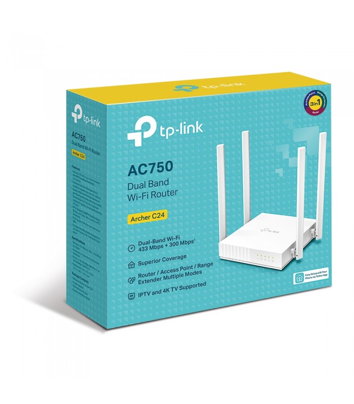 ROUTER TP-LINK ARCHER C24 AC750/DUAL BAND 2.4&5GHz/300MPPS+433MBPS/4ANTENAS/IPTV-TV 4K/4-PTOS/MR/MAP/MR