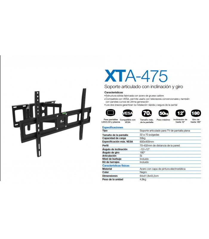 SOPORTE XTECH XTA-475 GIRATORIO TV DE 32" A 70" LCD Y LED 50KG GIRO 180° BK