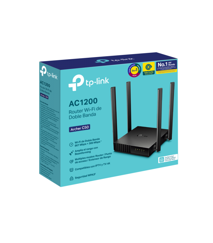 ROUTER TP-LINK ARCHER C50 AC1200/MU-MIMO 2.4&5GHz/300MPPS+867MBPS/4ANTENAS/IPTV-TV 4K/4-PTOS/MR/MAP/MEX