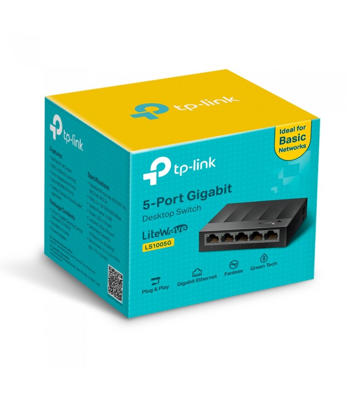 SWITCH TP-LINK LS1005G 5PORT RJ45 10/100/1000Mbps/AUTO/PLUG-PLAY/HASTA 10Gbps/GIGABIT/METALICO/ESCRITORIO
