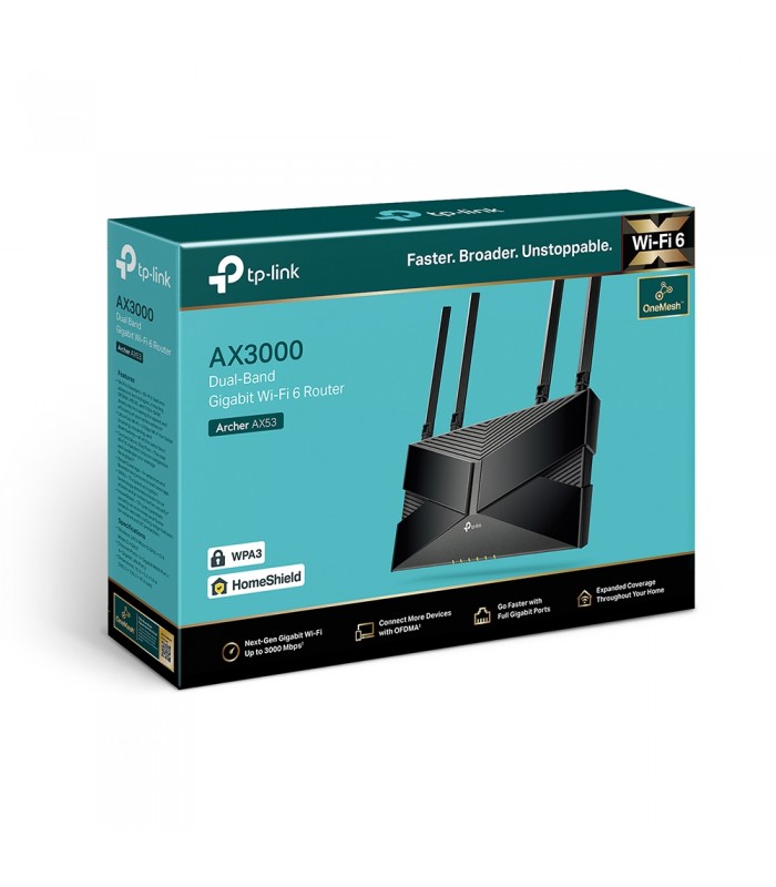ROUTER TP-LINK ARCHER AX53 AX3000 /WIFI 6/CPU 2/D.BAND 2.4-5GHz/574MPPS+2402MBPS/4ANT./IPTV-IPV6/4-PTOS GIGABIT/C-ALEXA/MR/MAP
