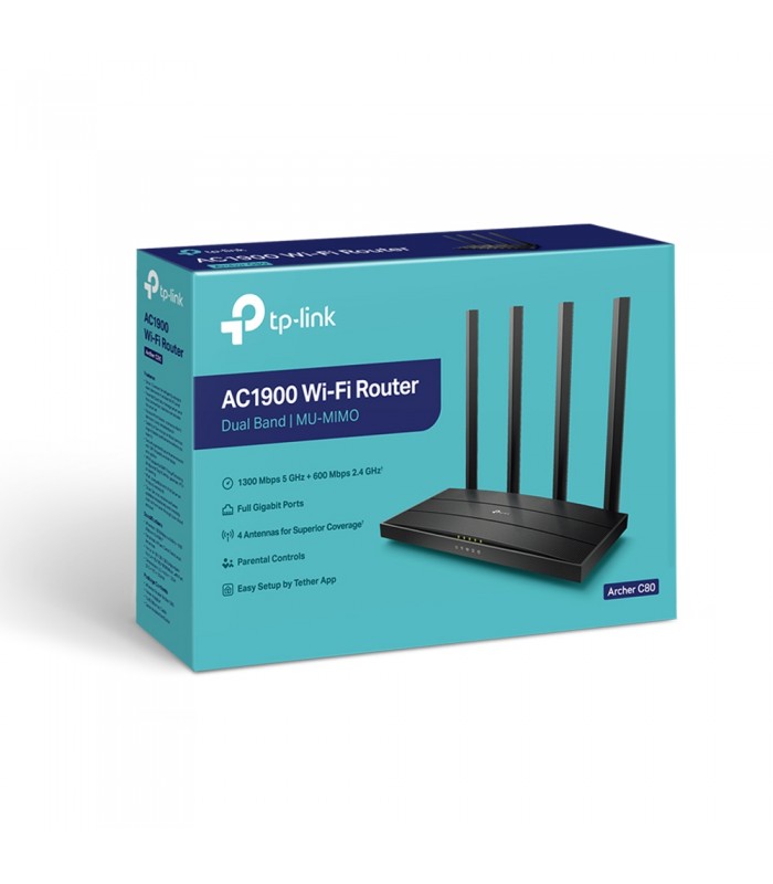 ROUTER TP-LINK ARCHER C80 AC1900/CPU 1.2GHz/MU-MIMO 2.4&5GHz/600+1300MBPS/4ANTENAS/Gigabit/IPTV-TV 4K/4-PTOS/MR/MAP