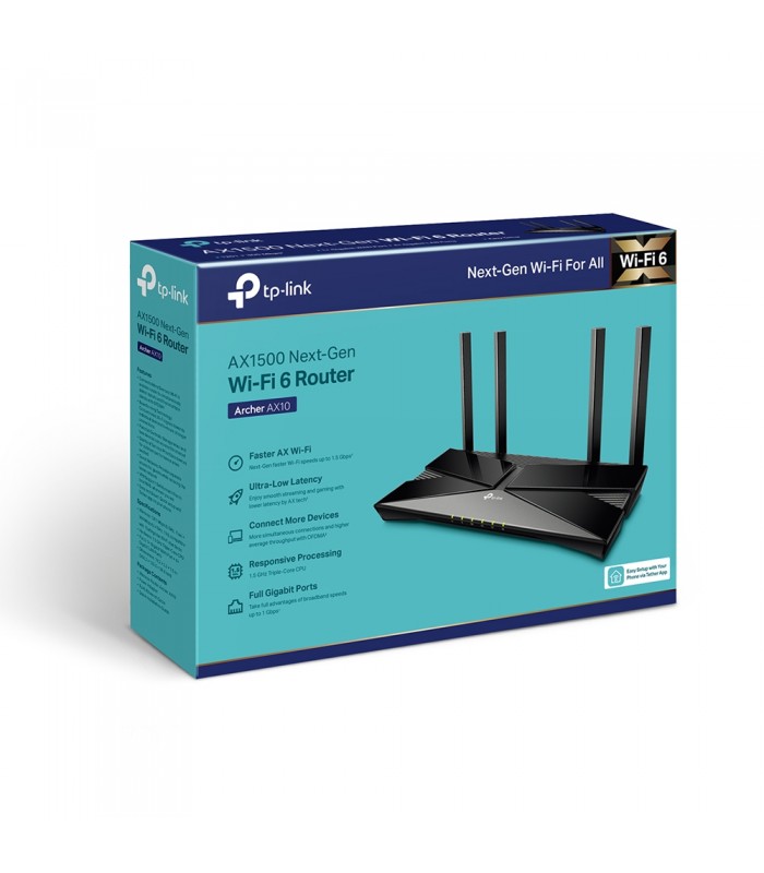 ROUTER TP-LINK ARCHER AX10 AX1500/WIFI6/Core 1.5GHz/D.BAND 2.4-5GHz/300Mbps+1201Mbps/4ANT./IPTV-TV 4K/4-PTOS Gigabit/C-Alexa