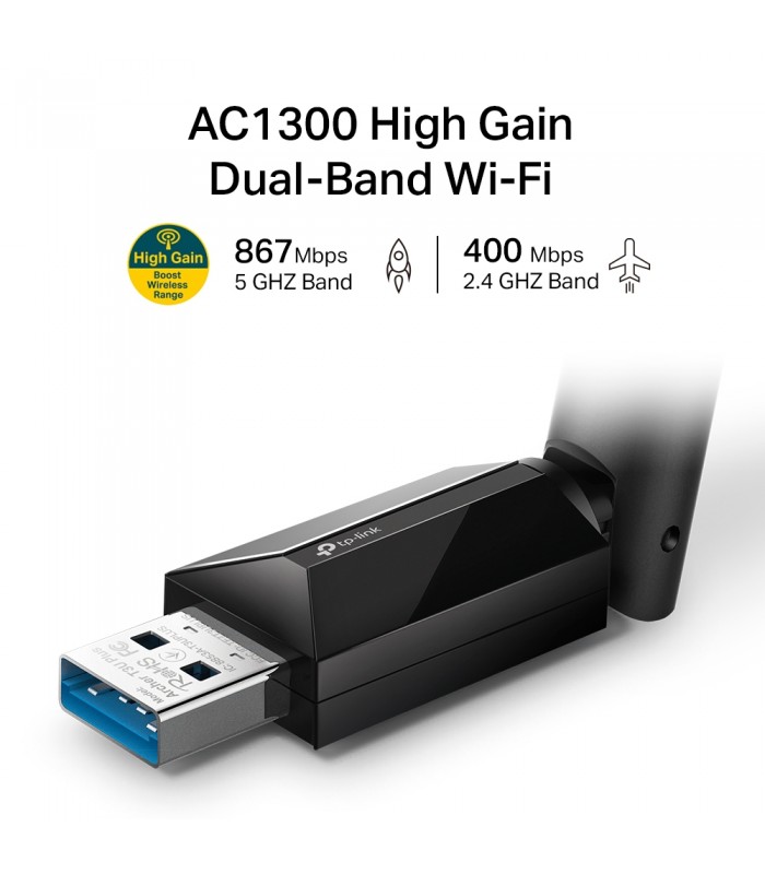 ADAPTADOR TP-LINK ARCHER T3U PLUS AC1300 USB-A INALÁMBRICO 2.4/5GHz 400-867Mbps/G-180°/MU-MIMO/USB 3.0/1ANT/ALTA GAIN/ BK