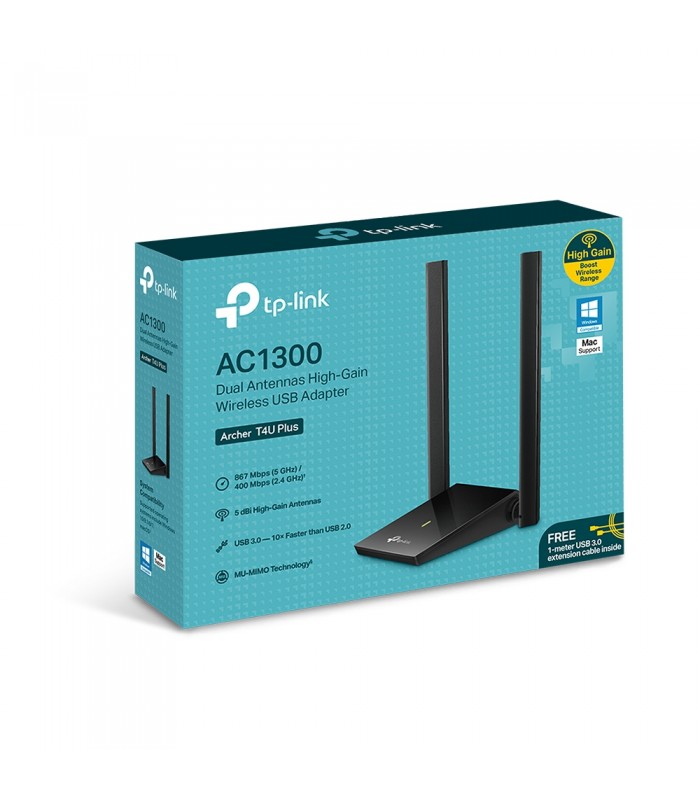 ADAPTADOR TP-LINK ARCHER T4U PLUS AC1300 USB-A INALÁMBRICO 2.4/5GHz 400-867Mbps/G-180°/MU-MIMO/USB 3.0/2ANT/5dBi ALTA GAIN/ BK
