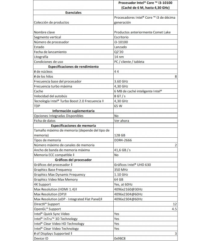 CPU INTEL i3-10100 3.60/TB 4.30GHZ 4C 6MB LGA1200 65W BX8070110100 10TH GEN