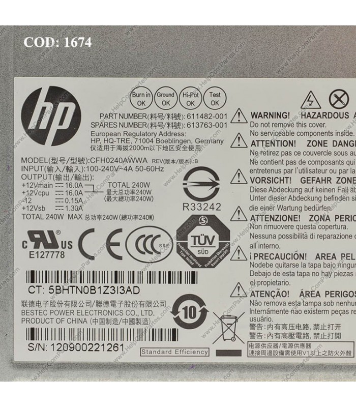 PSU HP COMPAQ 8000 8100 8200 SFF Pro 6000 SFF 240W 508151-001