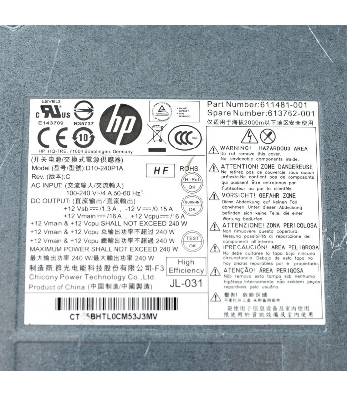 PSU HP COMPAQ 8000 8100 8200 SFF Pro 6000 SFF 240W 508151-001