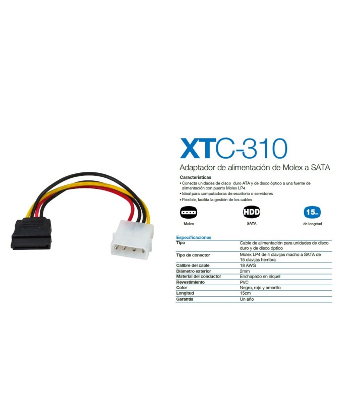 CABLE XTECH XTC-310 ENERGIA MOLEX A SATA HDD/SSD 15cm