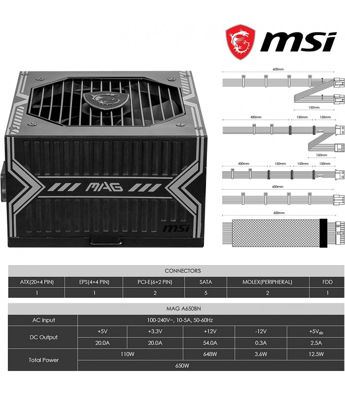 FUENTE DE PODER MSI MAG A650BN 650W REALES/80 PLUS BRONCE/ATX 20+4X1/EPS 4+4X1/PCI-E 6+2 X2/SATAX5/MOLEX X2/FDDX1