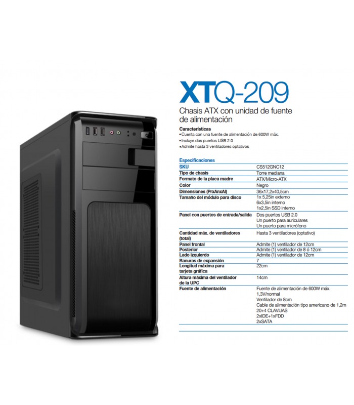 CASE XTECH XTQ-209 ATX/MATX 600W/NEGRO TORRE/POWER/RESET/2xUSB 2.0/MIC/ PC / CS512GNC12