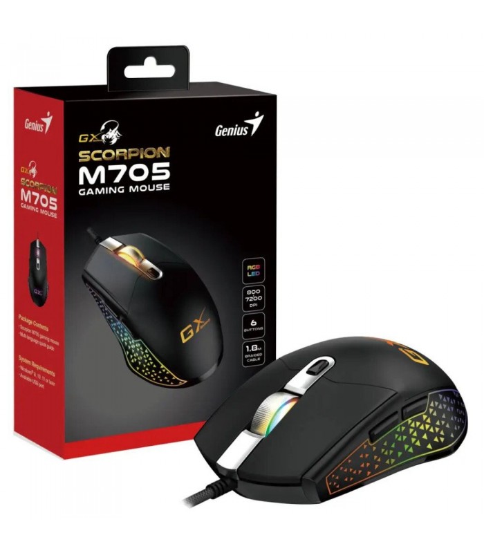 MOUSE GENIUS SCORPION M705 USB ALAMBRICO GAMING 6BOTONES RGB LED 800-7200DPI PC