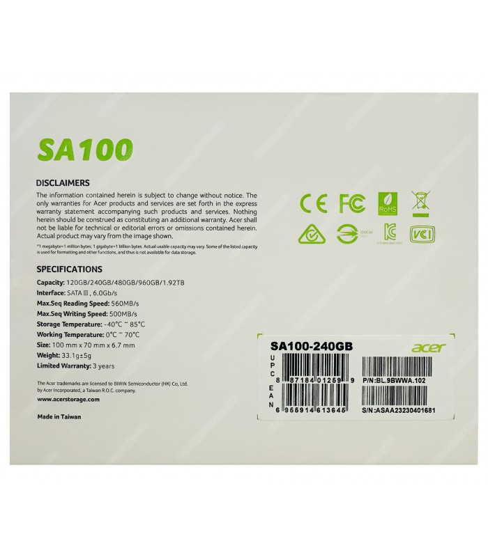 SSD ACER SA100 240GB 2.5" 7mm SATA III 6GB/S /3D NAND/ TBW 80 / 549/449MB/s RW SA100-240GB