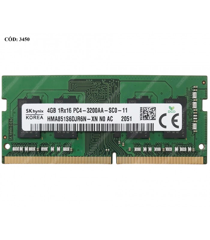 MEMORIA SK HYNIX 4GB DDR4 3200MHZ SODIMM Non-ECC 1.2V CL22 260PIN HMA851S6DJR6N-XN L34198-372 ORIG.