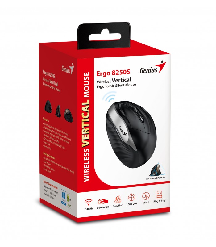 MOUSE GENIUS ERGO 8250S SR INALAMBRICO RF 2.4GHz ERGONOMICO VERTICAL 1600DPI 6BOTONES 10m /PILA AAx1
