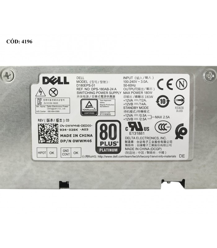 PSU DELL 180W 80 PLUS PLAT / 6+4PIN /OPTIPLEX 3050 5050 7050 SFF 0WWM46 ORIG.
