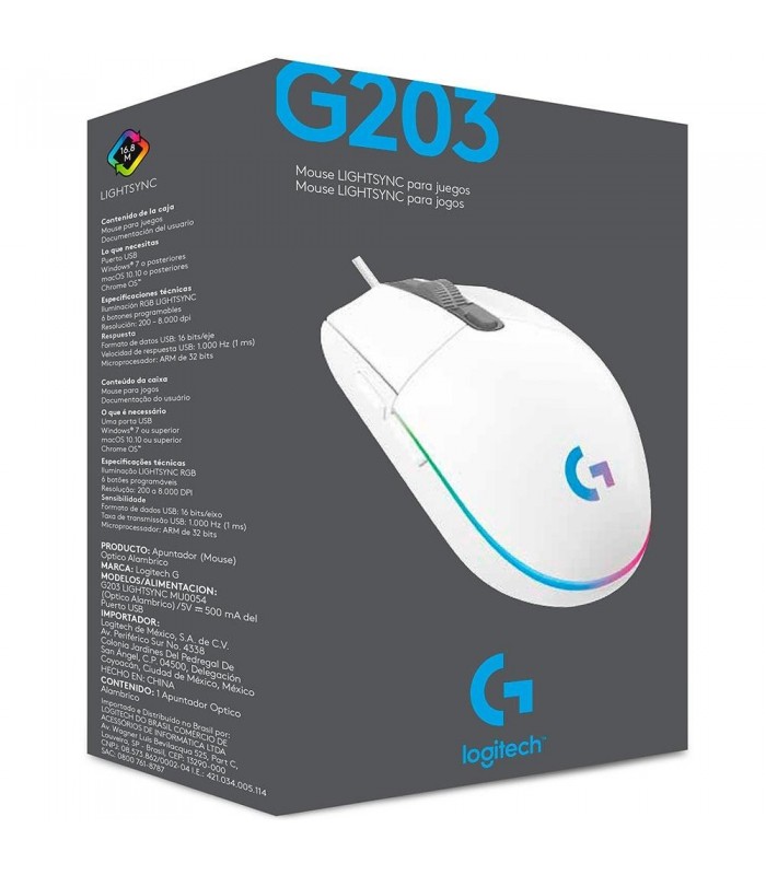 MOUSE LOGITECH G203 USB-A ALAMBRICO RGB LIGHTSYNC GAMING WHITE ARM/OPTICO/6BOTONES P./8000DPI/ 2.1M PC 910-005791