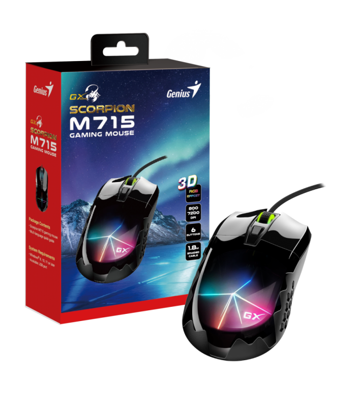 MOUSE GENIUS SCORPION M715 USB ALAMBRICO GAMING 6BOTONES 3D RGB 7COLOR LED 800-7200DPI PC