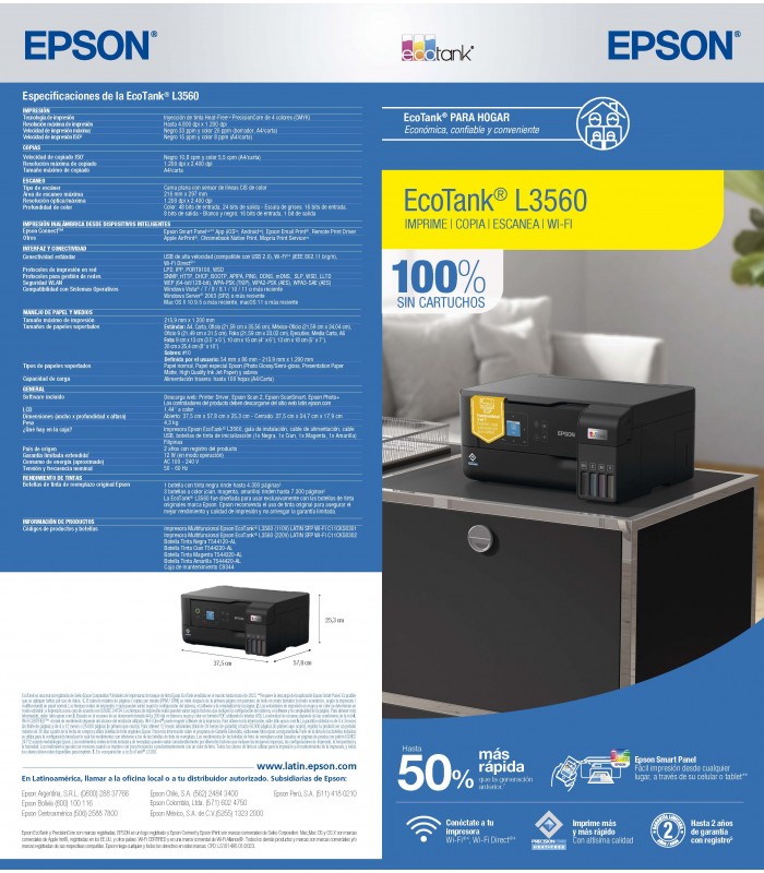 IMPRESORA EPSON L3560 PRINT/COPY/SCAN/WIFI/LCD 1.44"/4500 BK/7500 CL 33/20BK PPM-N BOT 544/ C11CK58301