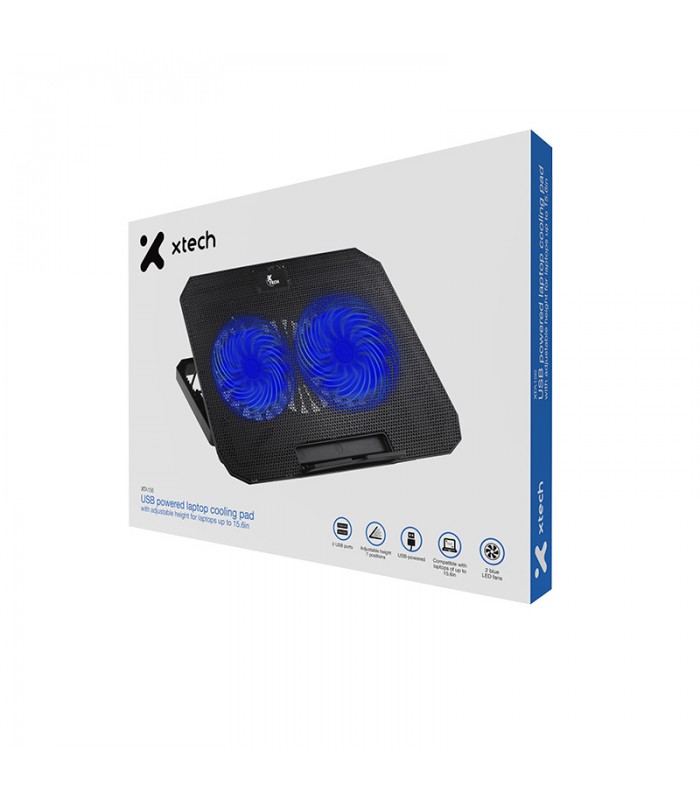 COOLING PAD XTECH XTA-156 LUZ LED / USB 2.0 / 7 NIVELES/HASTA 15.6"/8KG /2FAN 140mm BLUE/ 1200RPM BK