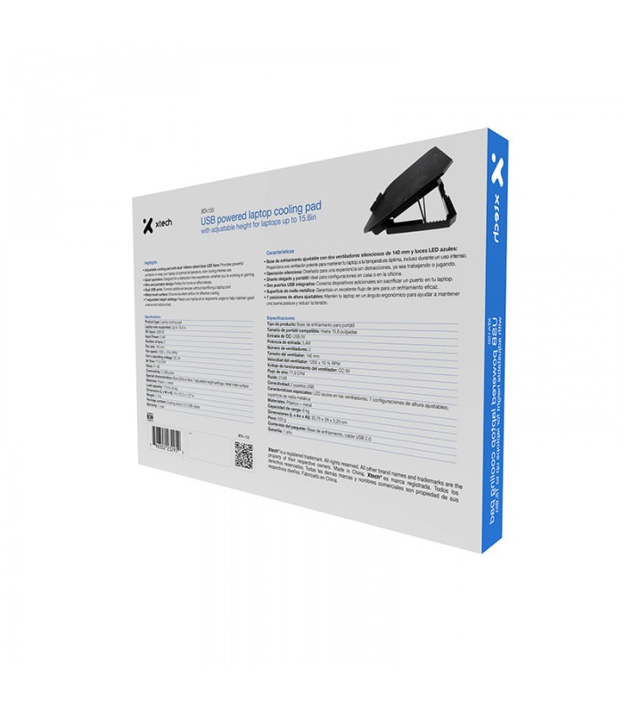 COOLING PAD XTECH XTA-156 LUZ LED / USB 2.0 / 7 NIVELES/HASTA 15.6"/8KG /2FAN 140mm BLUE/ 1200RPM BK