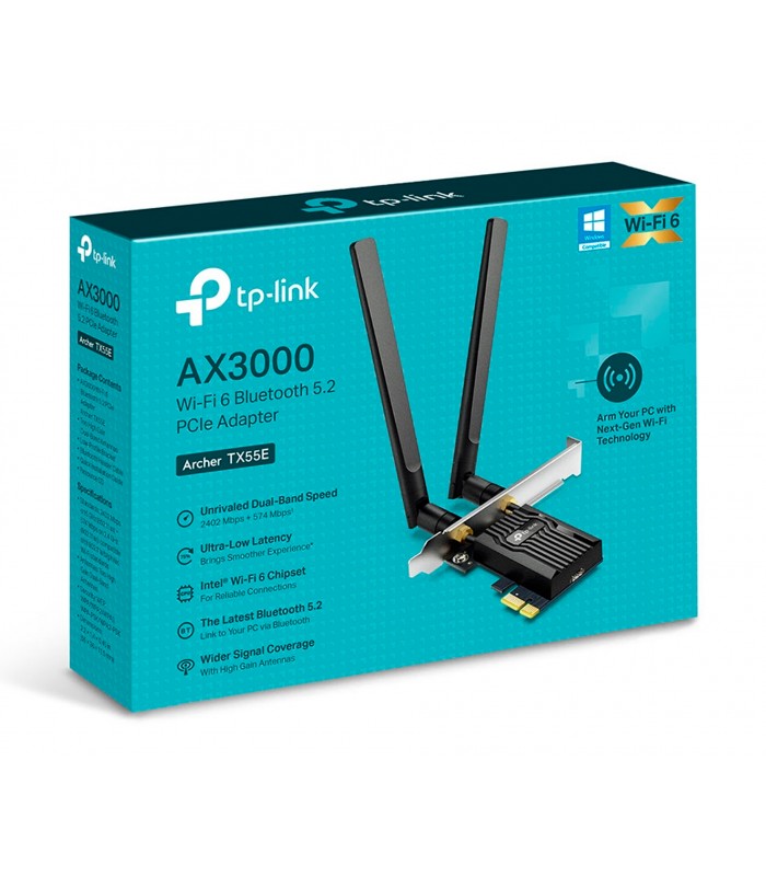 ADAPTADOR TP-LINK ARCHER TX55E AX3000 PCI-E X1 INALÁMBRICO WIFI 6 DUAL 2.4/5GHz 574-2402Mbps+BT 5.2 /2ANT/ALTA GAIN/LP/ BK