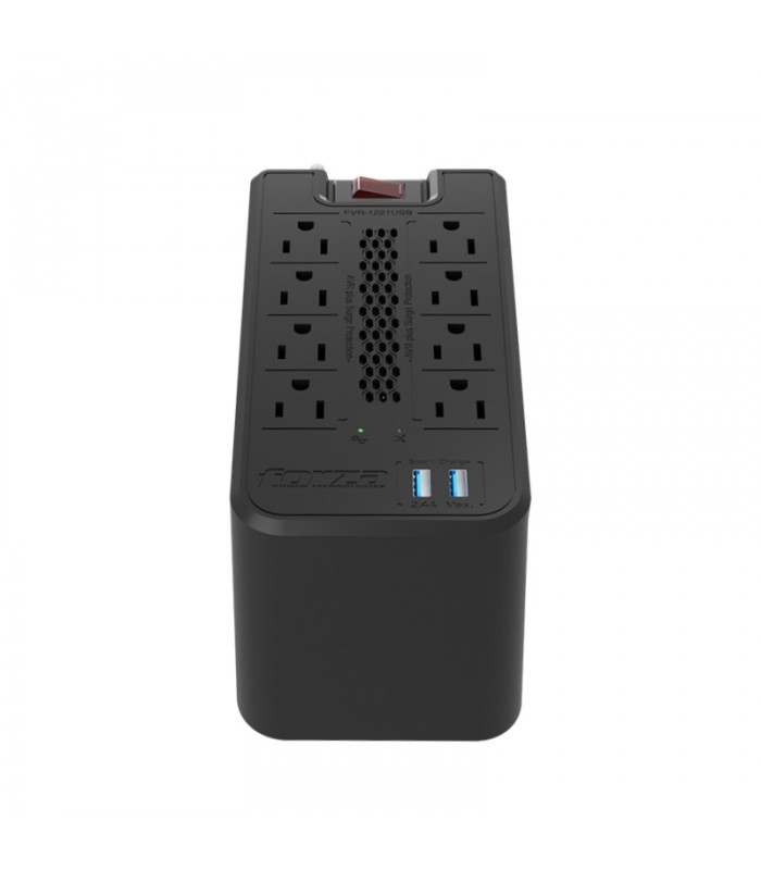 REGULADOR FORZA FVR-1221USB 1200VA/600W, BLACK 120V 50/60Hz 5A,2XUSB 5VDC 2.4A,8NEMA 5-15R/