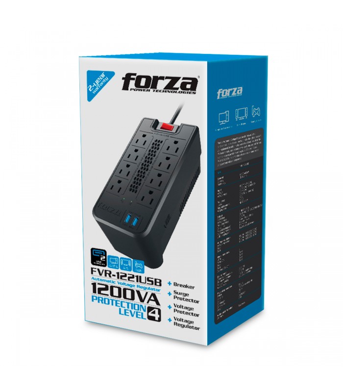 REGULADOR FORZA FVR-1221USB 1200VA/600W, BLACK 120V 50/60Hz 5A,2XUSB 5VDC 2.4A,8NEMA 5-15R/