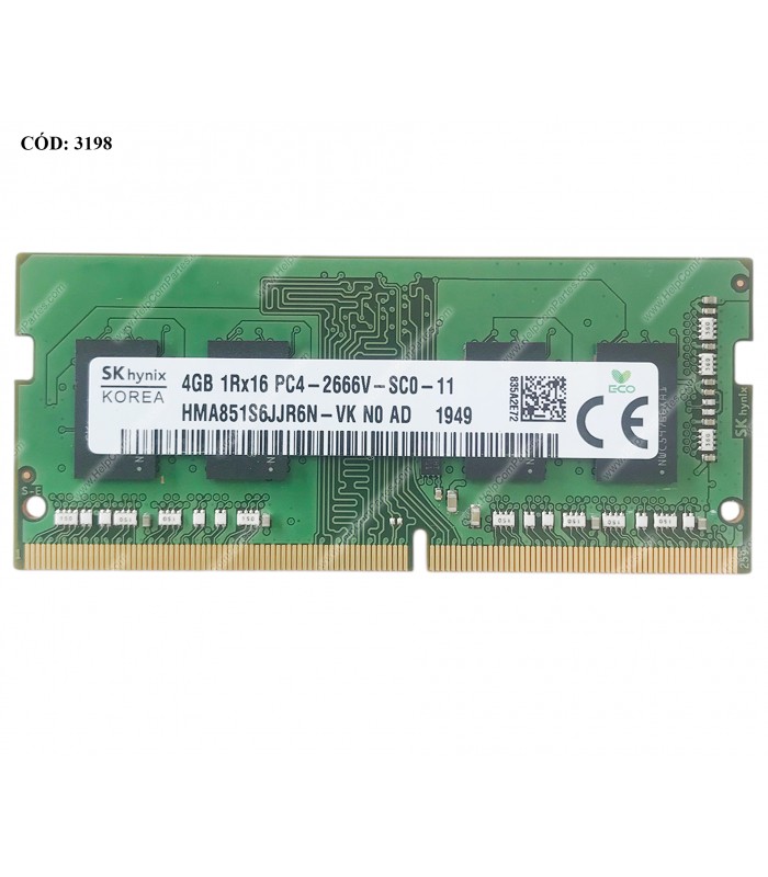 MEMORIA SK HYNIX 4GB DDR4 2666MHZ SODIMM Non-ECC 1.2V 260PIN CL19 HMA851S6CJR6N-VK/ L10598-855 SN