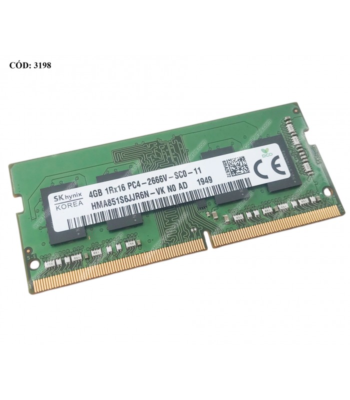MEMORIA SK HYNIX 4GB DDR4 2666MHZ SODIMM Non-ECC 1.2V 260PIN CL19 HMA851S6CJR6N-VK/ L10598-855 SN