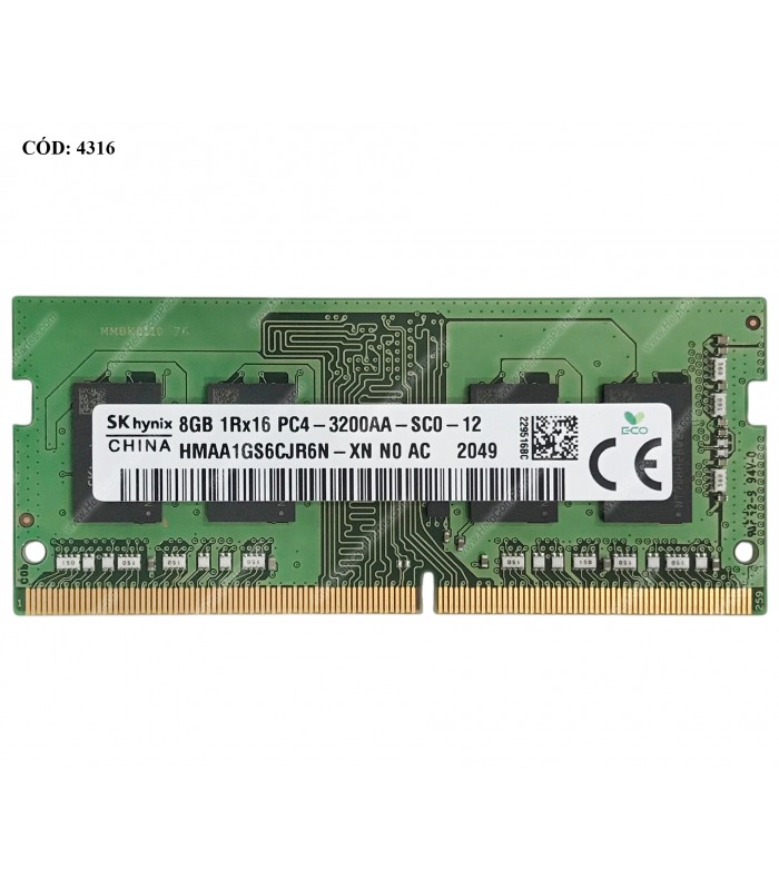 MEMORIA SK HYNIX 8GB DDR4 3200MHZ SODIMM Non-ECC 1.2V CL22 260PIN HMAA1GS6CJR6N-XN ORIG.(SN)