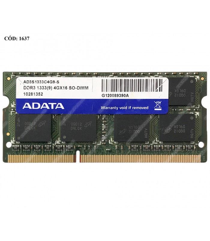 MEMORIA ADATA 4GB DDR3 1333MHz SODIMM Non-ECC 1.5V CL9 204PIN AD3S1333C4G9-S (DS)