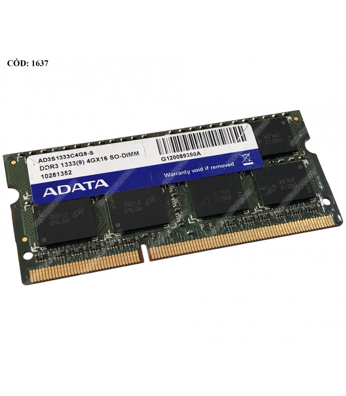 MEMORIA ADATA 4GB DDR3 1333MHz SODIMM Non-ECC 1.5V CL9 204PIN AD3S1333C4G9-S (DS)