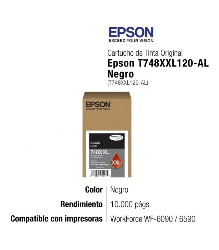 BOTELLA EPSON WORKFORCE PRO BLACK T748XXL120-AL WF-6090/6590 / XXL 10.000 PÁG