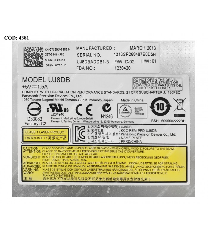 ODD DVD-WRITER. 9.5mm DELL DVD+RW UJ8DB SATA SLIM + BEZEL BK INTERNO 0Y16H5 ORIG. (DS)