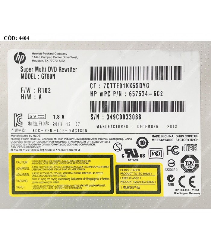 ODD DVD-WRITER. 12.7mm HP DVD±RW GT80N SATA + BEZEL BK 685096-001 ORIG.(DS)