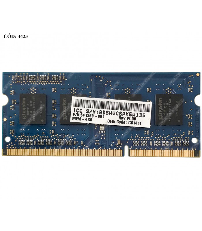 MEMORIA KINGSTON 4GB DDR3 1600MHZ SODIMM Non-ECC 1.50V CL11 204PIN HP16D3LS1KFG/4G 641369-001 (DS)
