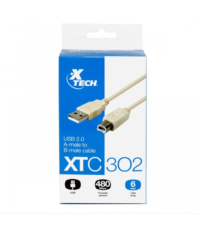 CABLE XTECH USB 2.0 XTC-302 IMPRESORA 1.8M 480Mbps TYPE A:MACHO A B:MACHO GRIS