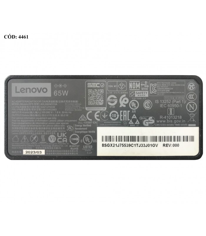CARGADOR LENOVO 20V---3.25A 65W PIN 4.0*1.7MM 100-240V~ US 50-60Hz 3PRONG 01FR051 ORIG. (SN)