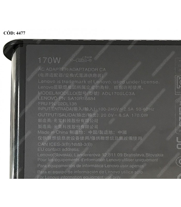 CARGADOR LENOVO 20.0V---8.5A 170W 100V-240V 50-60Hz US 3PRONG USB SQUARE SLIM YL TIP 02DL138 P.F ORIG.
