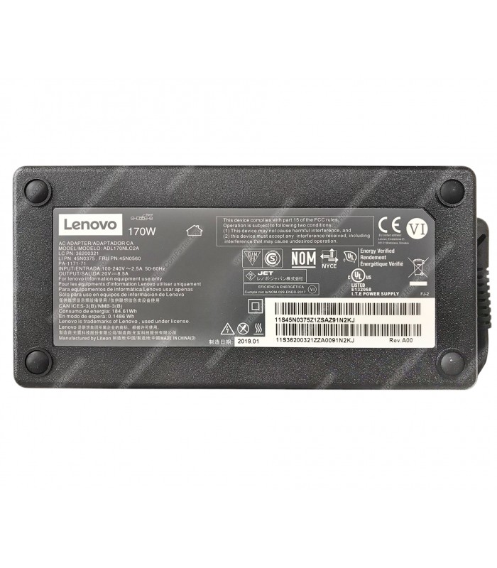 CARGADOR LENOVO 20.0V---8.5A 170W 100V-240V 50-60Hz US 2PRONG USB SQUARE SLIM YL TIP 4X20E50574 45N0560 P.C ORIG.