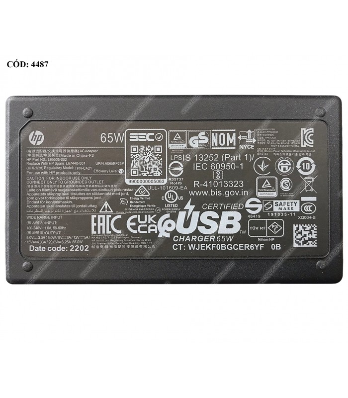 CARGADOR HP USB-C 65.0W 20.0V---3.25A /100V-240V US 3PRONG/5.0V---3.0A/9.0V---3.0A/12.0V---5.0A/15.0V---4.33A/ L65505-002 OEM