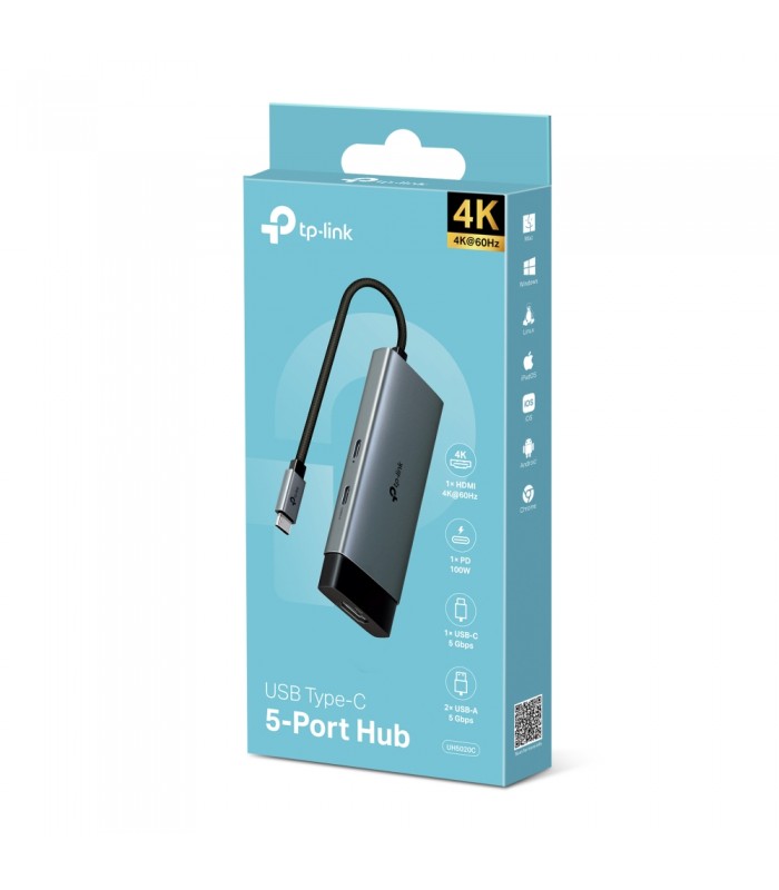 ADAPTADOR TP-LINK UH5020C 5-en-1 USB-C A 1X HDMI 4K /1X USB-C PD 100W /1X USB-C 5Gbps /2X USB-A 5Gbps/ 18cm / GRIS