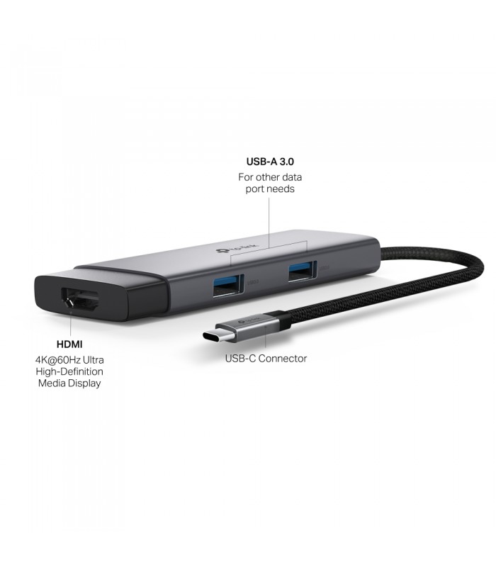 ADAPTADOR TP-LINK UH5020C 5-en-1 USB-C A 1X HDMI 4K /1X USB-C PD 100W /1X USB-C 5Gbps /2X USB-A 5Gbps/ 18cm / GRIS
