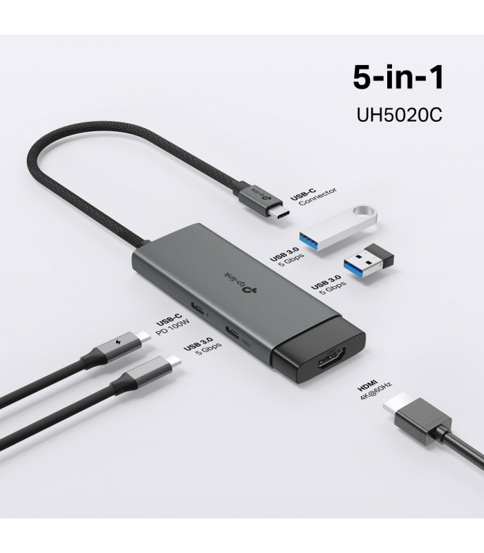 ADAPTADOR TP-LINK UH5020C 5-en-1 USB-C A 1X HDMI 4K /1X USB-C PD 100W /1X USB-C 5Gbps /2X USB-A 5Gbps/ 18cm / GRIS