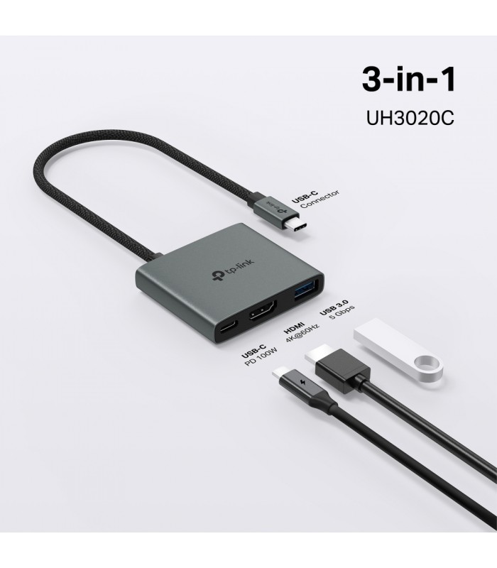 ADAPTADOR TP-LINK UH3020C 3-en-1 USB-C A 1X HDMI 4K /1X USB-C PD 100W /1X USB-A 5Gbps/ 18cm / GRIS
