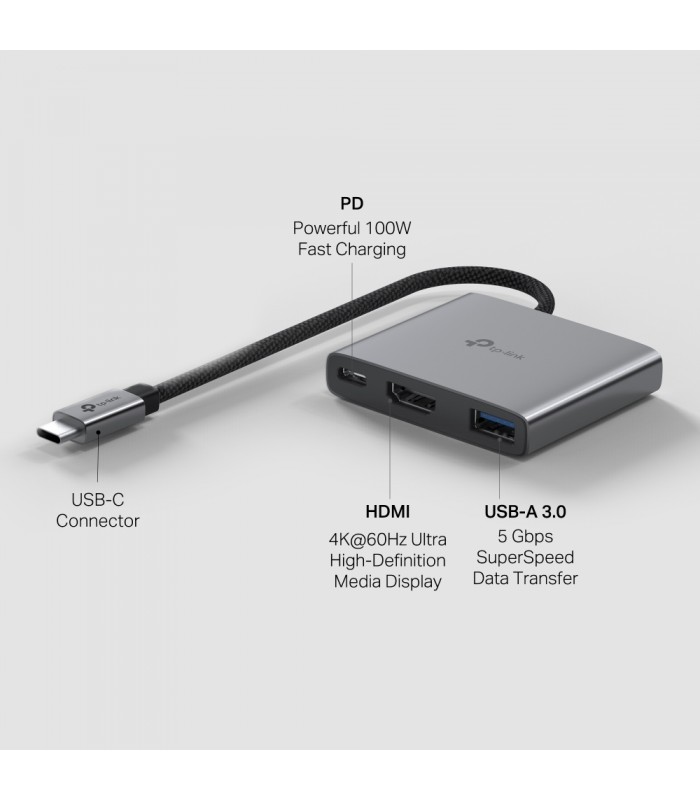 ADAPTADOR TP-LINK UH3020C 3-en-1 USB-C A 1X HDMI 4K /1X USB-C PD 100W /1X USB-A 5Gbps/ 18cm / GRIS