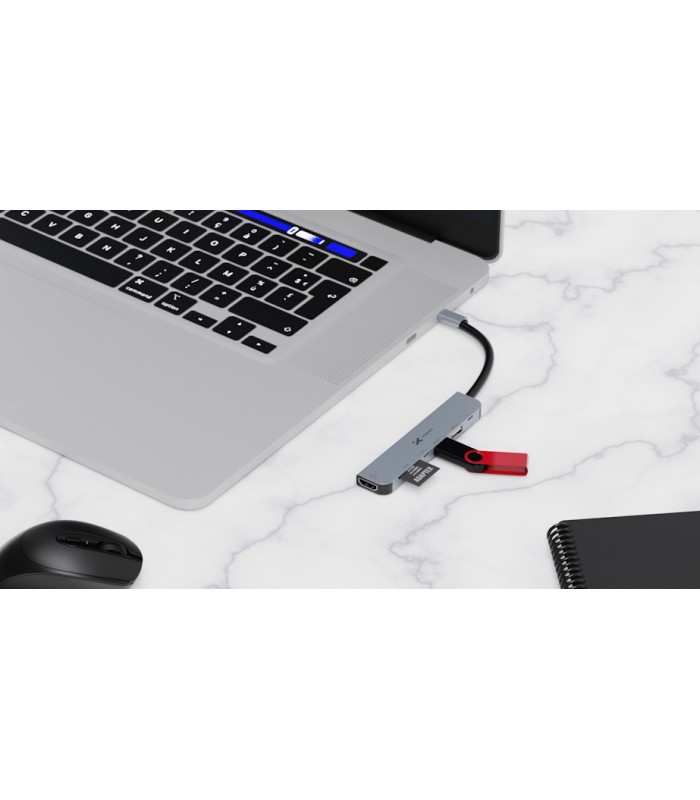 ADAPTADOR XTECH XTC-571 7-en-1 USB-C A /1X HDMI 4K /1X USB-C/2X USB-A /1X SD /1X TF/1X USB-C PD 60W/10.2Gbps/ 15cm / SILVER