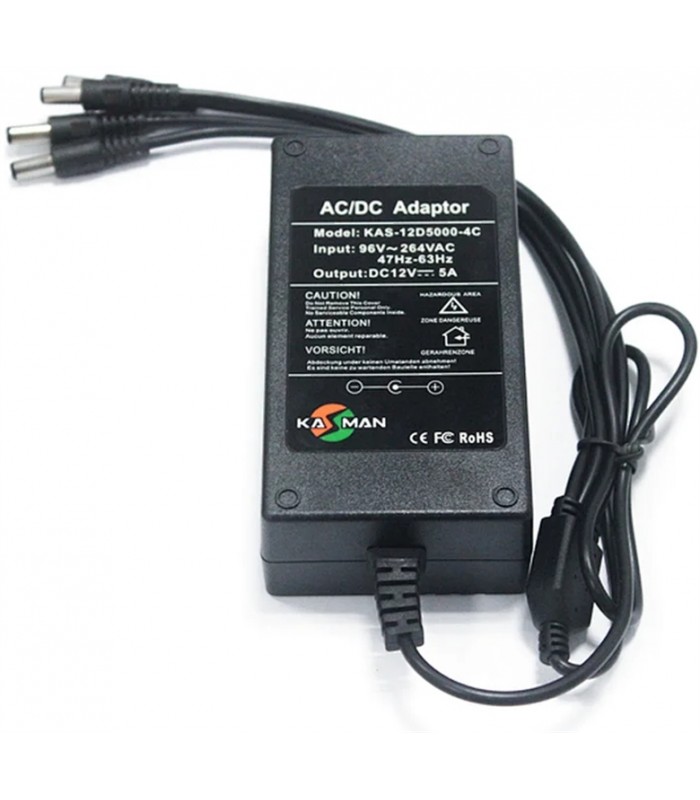ADAPTADOR ENERGIA FOLKSAFE 12V---5A/ 5.5*2.5/ 100-220V~/ NVR DVR CAMARAS/ CRC-12 + CABLE 4 SALIDAS (PULPO) KAS-12D5000-4CH-A