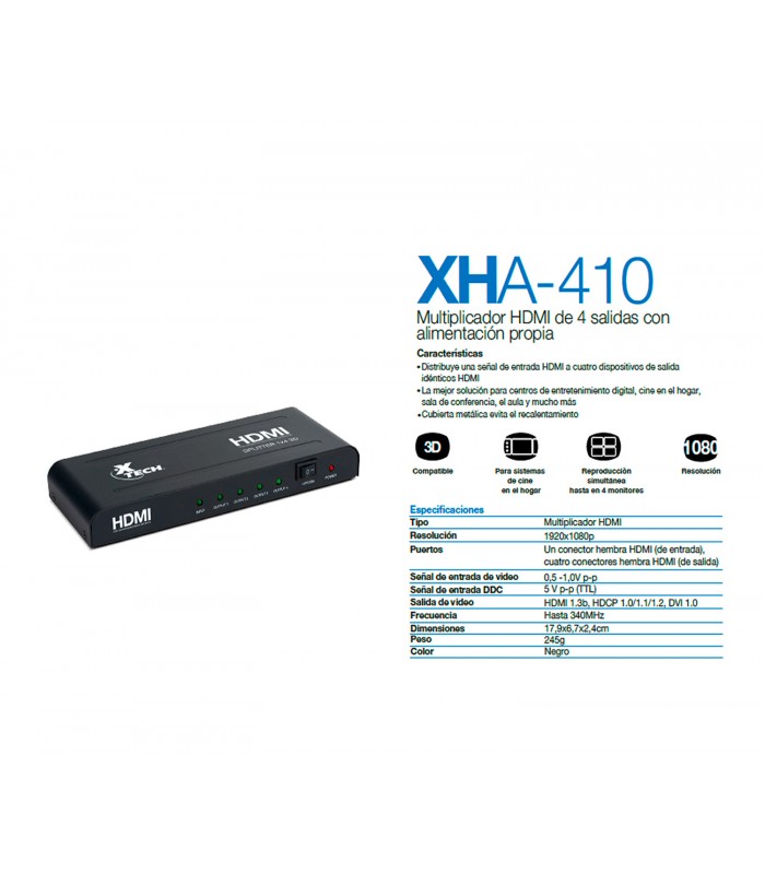 MULTIPLICADOR HDMI XTECH XHA-410 3D 1X ENTRADA A 4X SALIDAS